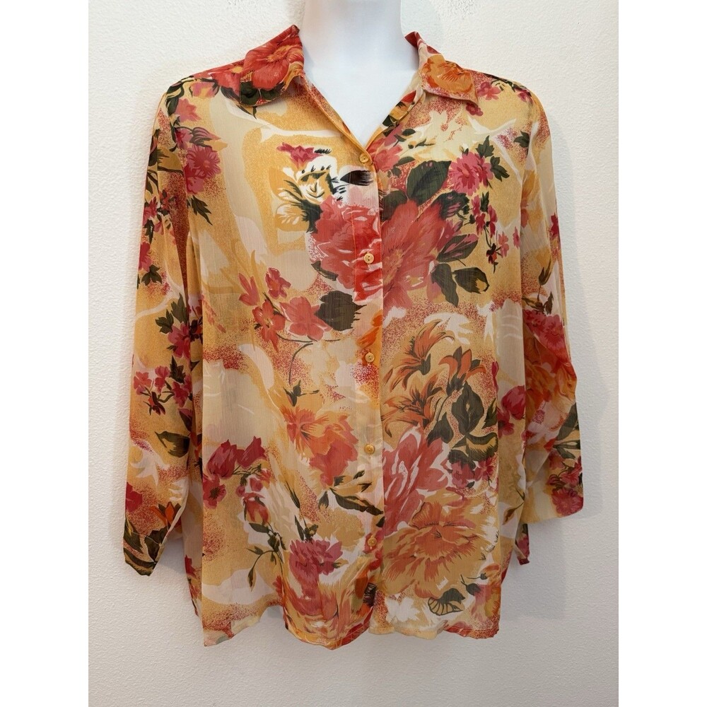 Units Woman 1X Blouse Sheer Floral Dressy Button Up Top Orange Yellow Office EUC